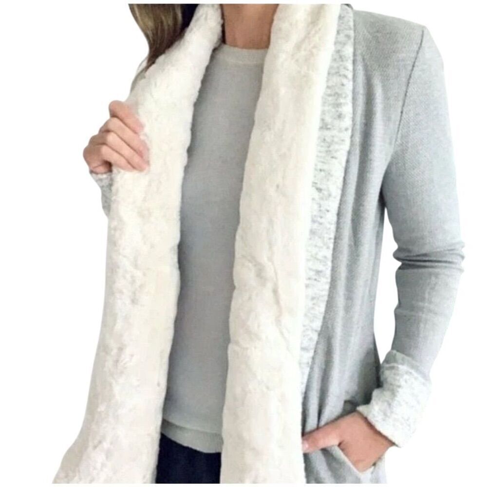 Anthropologie Women's Gray Faux Fur Trim Cardigan Sweater S Cottagecore Fall